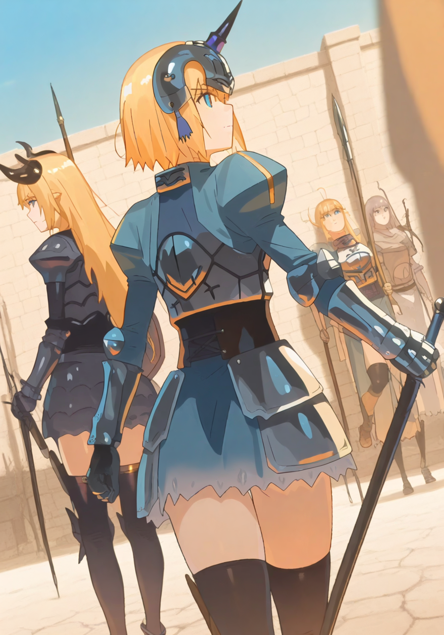 21635-1590251612-2girls, armor, ass, blonde hair, blue eyes, boots, dragon, fake horns, gauntlets, helmet, holding, holding sword, holding weapon.png